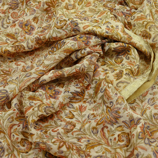 Indian Women Vintage Beige Saree Pure Chiffon Silk Printed Sari Craft Fabric Sewing 5Yd Soft Light Sari Dress Making Zari