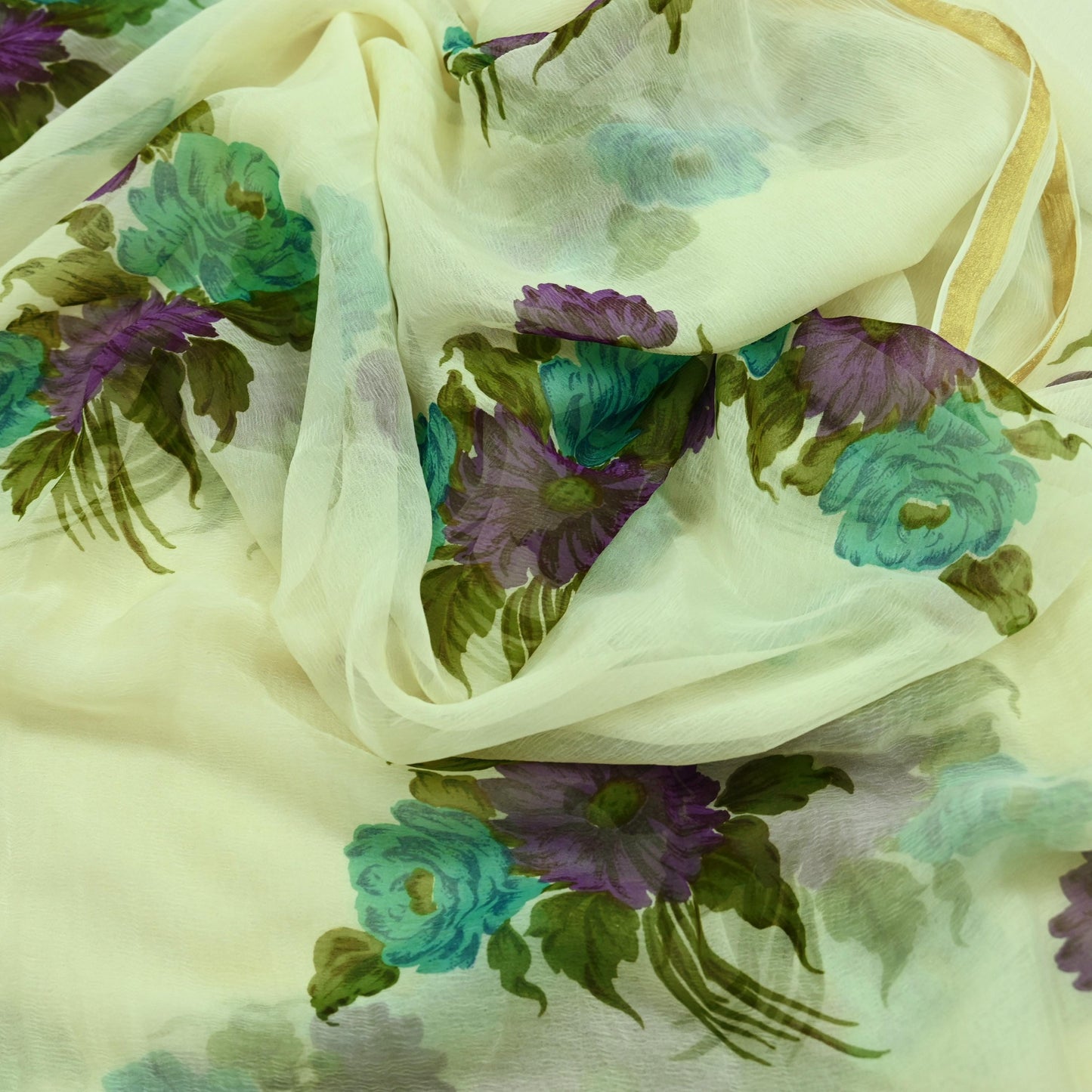 Indian Women Vintage Ivory Saree Blend Chiffon Printed Sari Sewing 5yd Soft Craft Fabric Floral Design Wrap Boho Zari