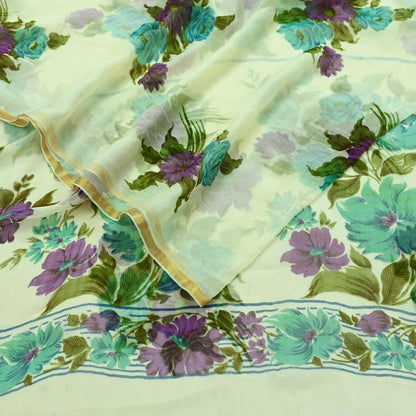 Indian Women Vintage Ivory Saree Blend Chiffon Printed Sari Sewing 5yd Soft Craft Fabric Floral Design Wrap Boho Zari