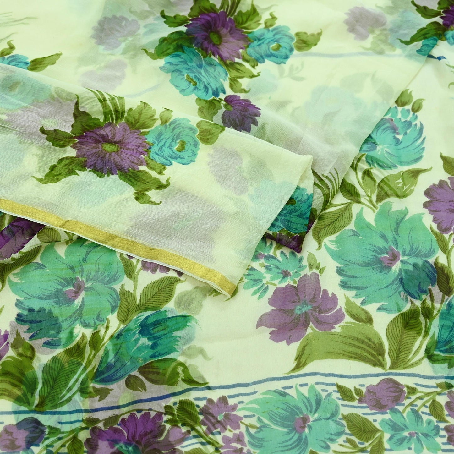 Indian Women Vintage Ivory Saree Blend Chiffon Printed Sari Sewing 5yd Soft Craft Fabric Floral Design Wrap Boho Zari