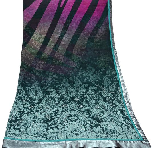 Indian Vintage Dupatta Green & Purple Long Stole Hand Embroidered Printed stole Pure Georgette Silk Indian Scarves Veil Wrap Soft