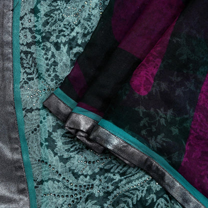 Indian Vintage Dupatta Green & Purple Long Stole Hand Embroidered Printed stole Pure Georgette Silk Indian Scarves Veil Wrap Soft