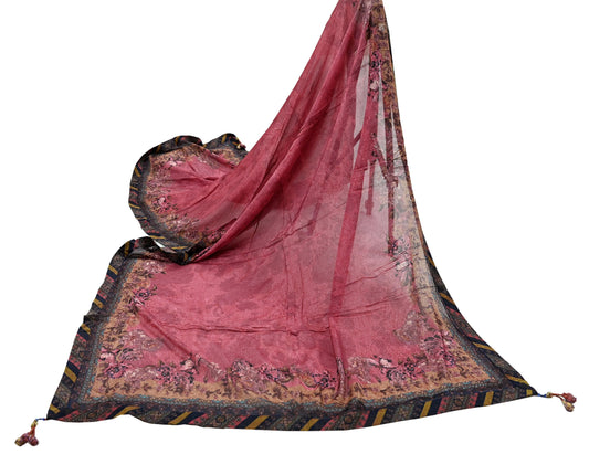 Women Indian Vintage Dupatta Pink Long Stole Pure silk Printed Dupatta Veil Scarves soft Boho Wrap Dressmaking Floral Design