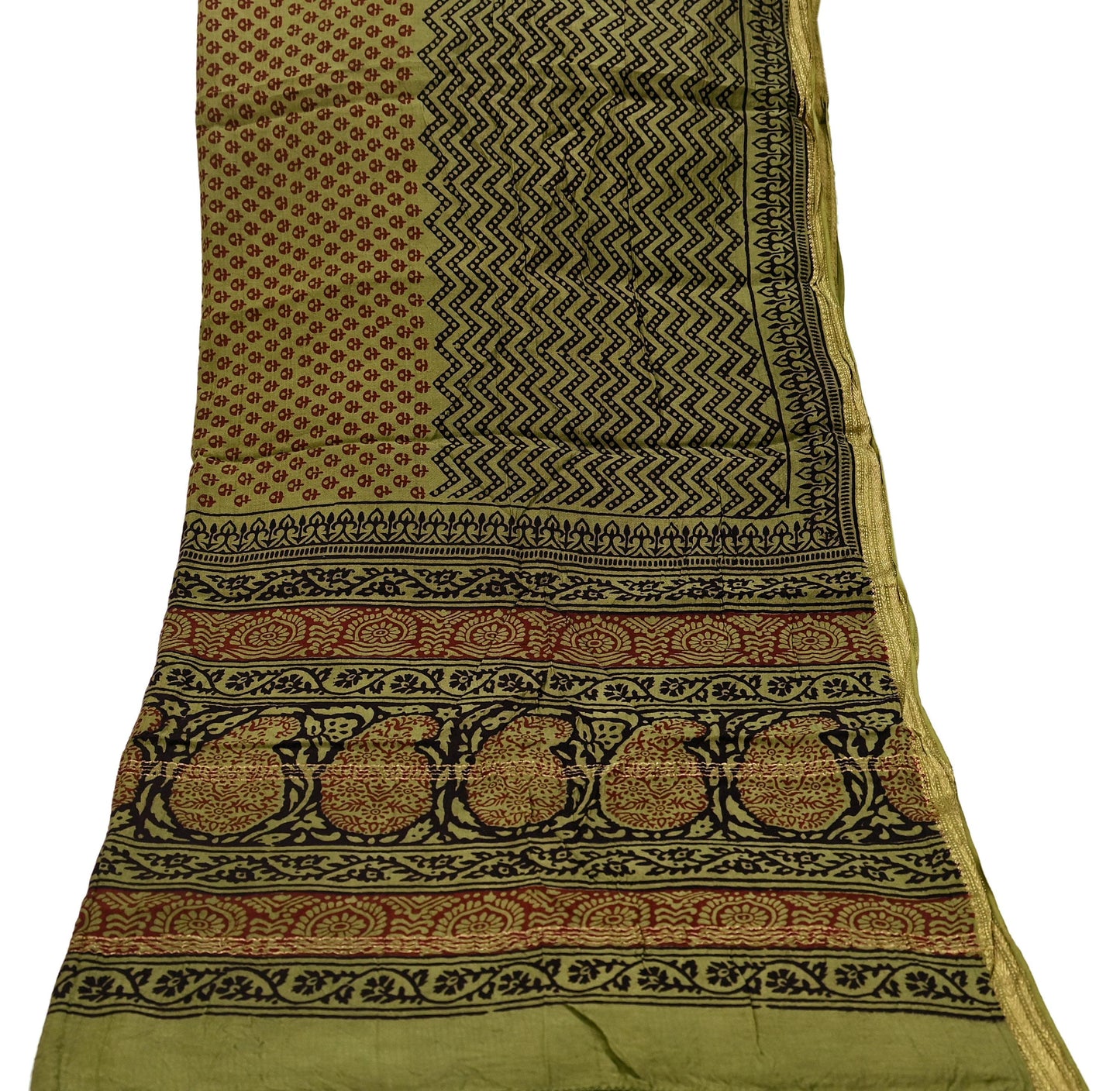 Indian Vintage Green Dupatta Long Stole Block Print Pure Chanderi Silk Scarves Veil Floral Design Upcycle Party wear hijab Zari Border