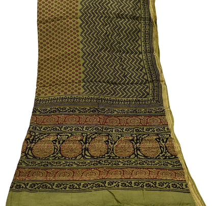 Indian Vintage Green Dupatta Long Stole Block Print Pure Chanderi Silk Scarves Veil Floral Design Upcycle Party wear hijab Zari Border