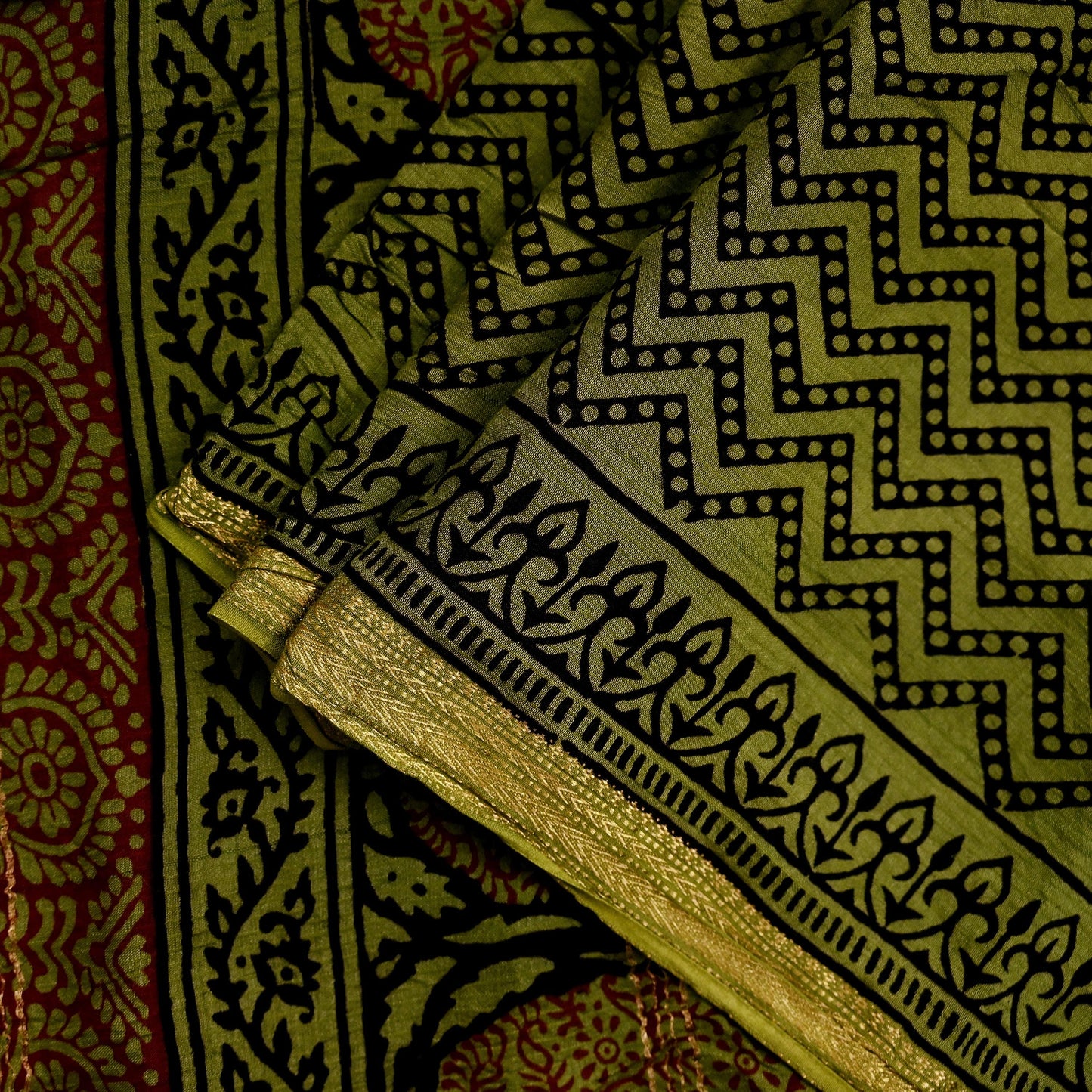 Indian Vintage Green Dupatta Long Stole Block Print Pure Chanderi Silk Scarves Veil Floral Design Upcycle Party wear hijab Zari Border