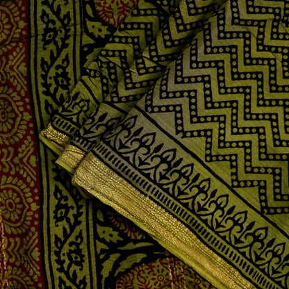 Indian Vintage Green Dupatta Long Stole Block Print Pure Chanderi Silk Scarves Veil Floral Design Upcycle Party wear hijab Zari Border