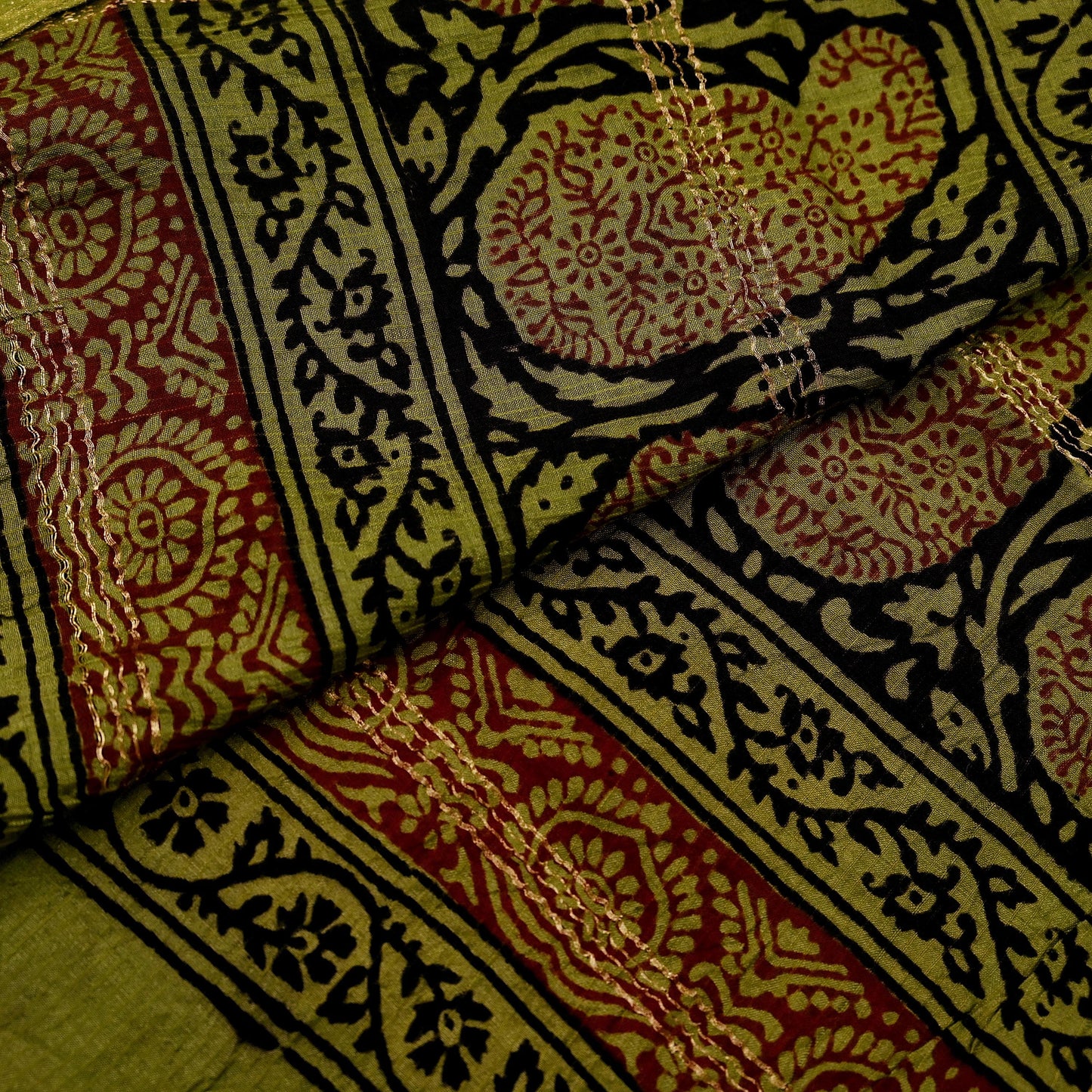 Indian Vintage Green Dupatta Long Stole Block Print Pure Chanderi Silk Scarves Veil Floral Design Upcycle Party wear hijab Zari Border