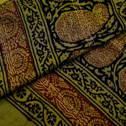 Indian Vintage Green Dupatta Long Stole Block Print Pure Chanderi Silk Scarves Veil Floral Design Upcycle Party wear hijab Zari Border