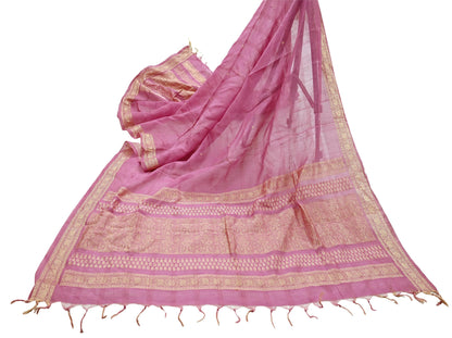 Indian Vintage Dupatta Pink Long Stole Hand Woven Pure Chanderi Silk Scarves Veil Zari Soft Fringes Scarf Wrap Boho