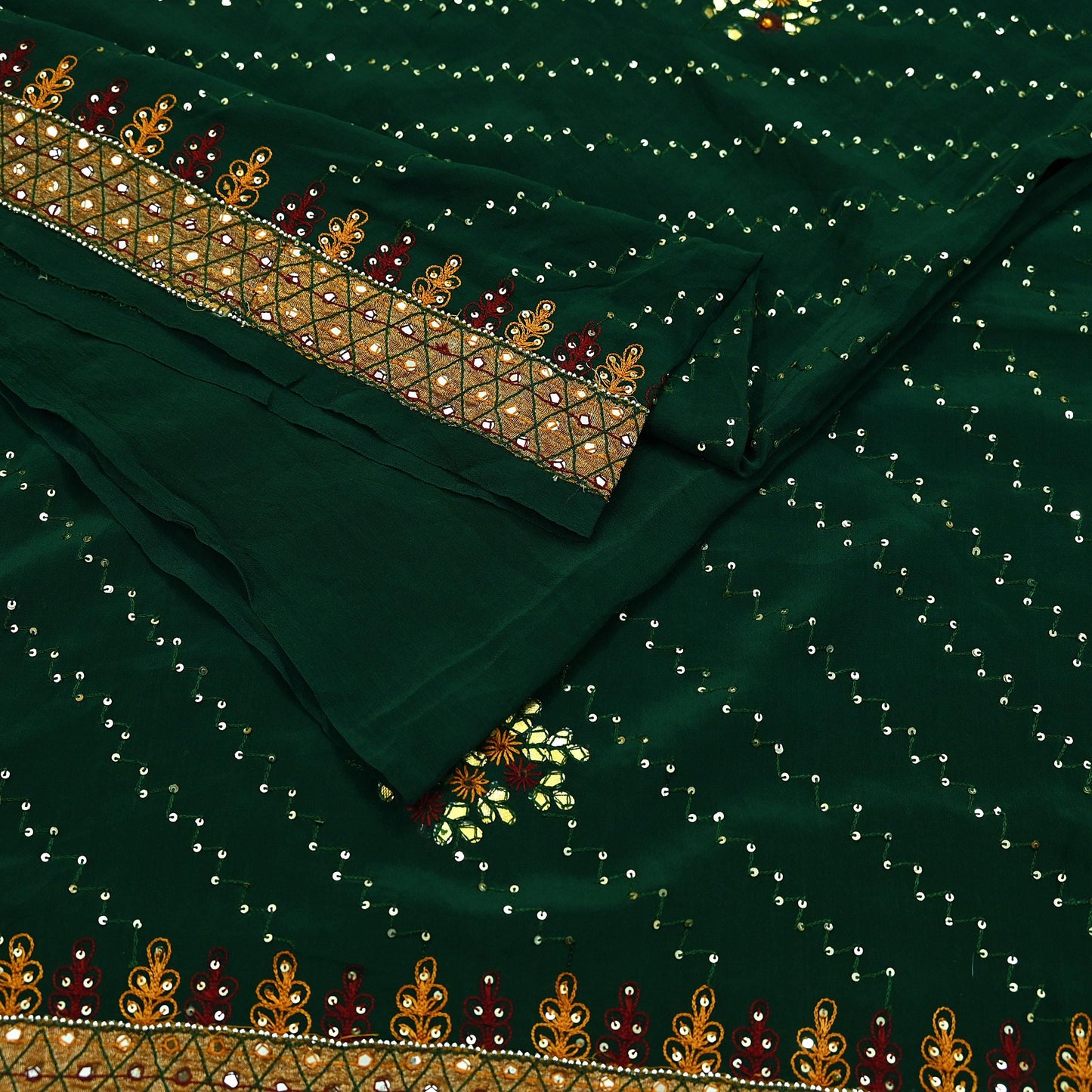 Indian Vintage Heavy Sari Green Pure Crepe Silk Hand Embroidered Sarees Craft Fabric 5Yd Sewing Zardozi Dress making With Blouse Pcs