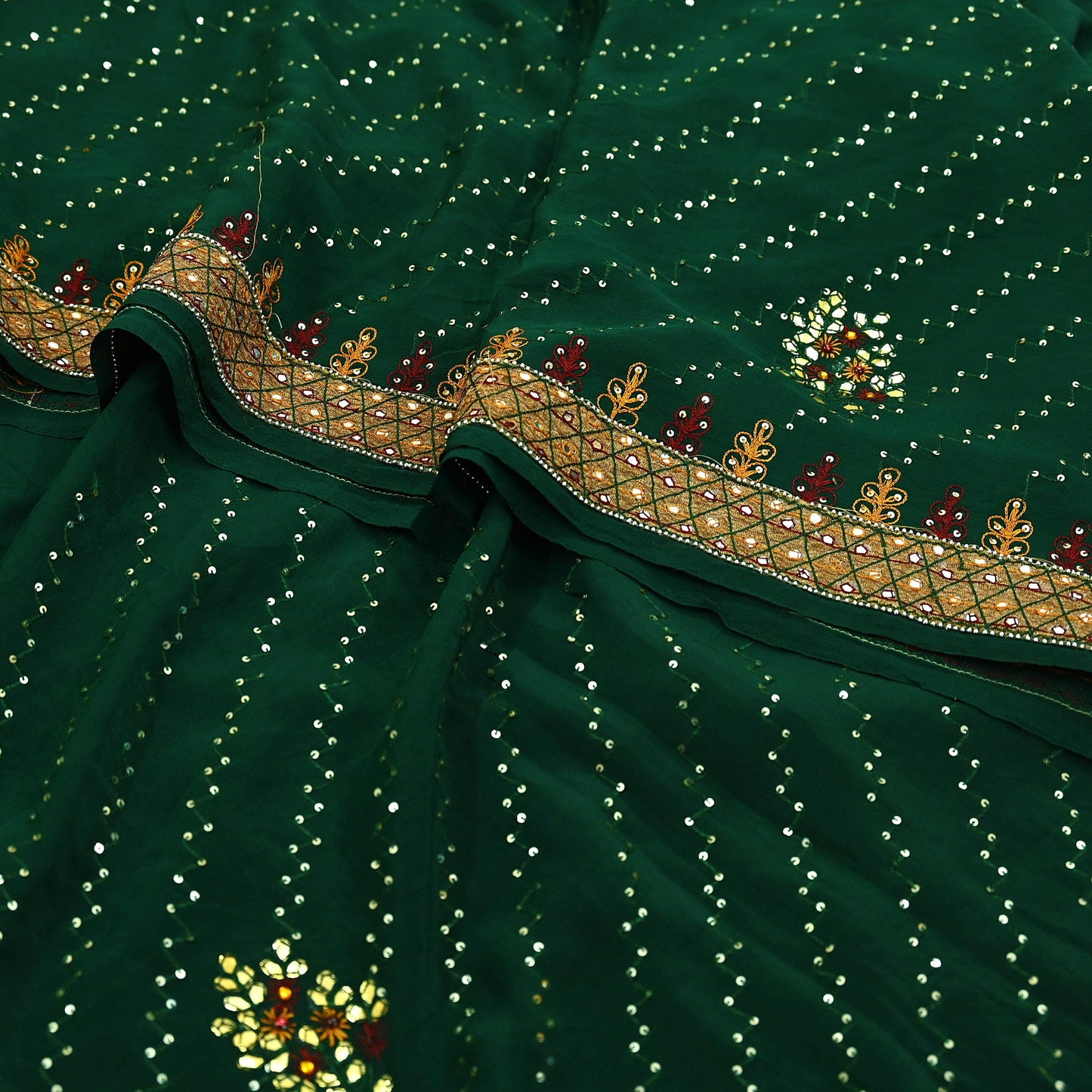 Indian Vintage Heavy Sari Green Pure Crepe Silk Hand Embroidered Sarees Craft Fabric 5Yd Sewing Zardozi Dress making With Blouse Pcs