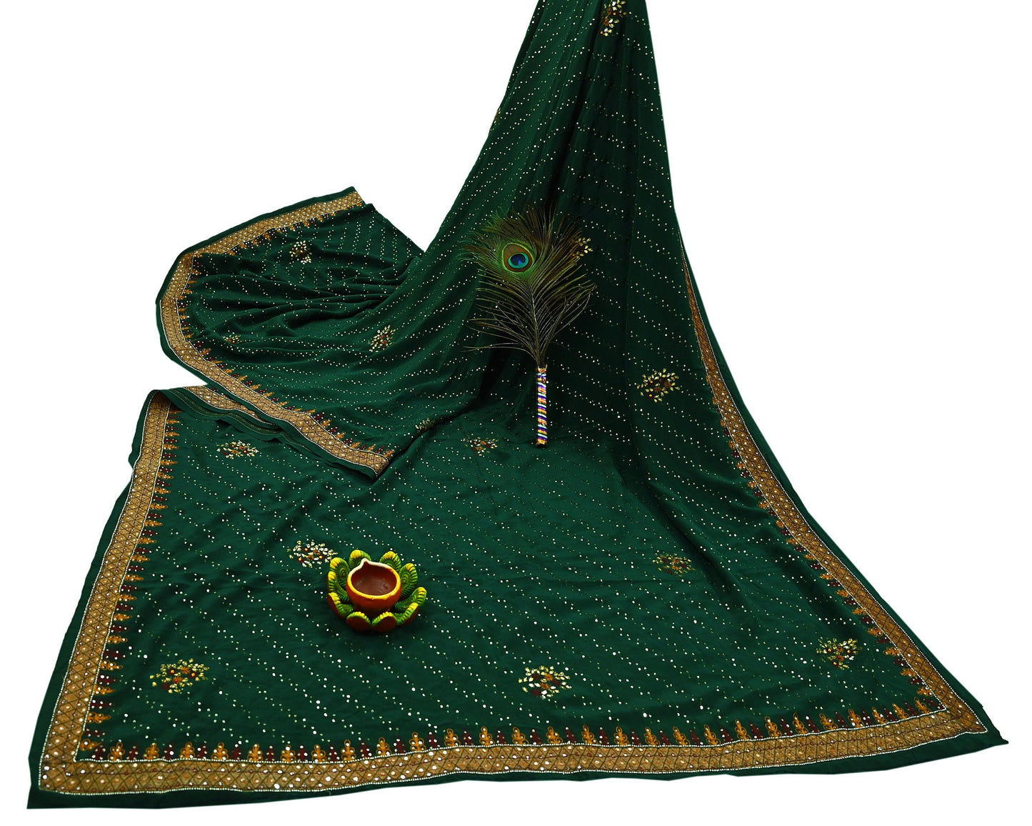 Indian Vintage Heavy Sari Green Pure Crepe Silk Hand Embroidered Sarees Craft Fabric 5Yd Sewing Zardozi Dress making With Blouse Pcs
