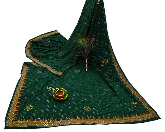 Indian Vintage Heavy Sari Green Pure Crepe Silk Hand Embroidered Sarees Craft Fabric 5Yd Sewing Zardozi Dress making With Blouse Pcs