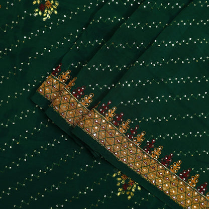 Indian Vintage Heavy Sari Green Pure Crepe Silk Hand Embroidered Sarees Craft Fabric 5Yd Sewing Zardozi Dress making With Blouse Pcs