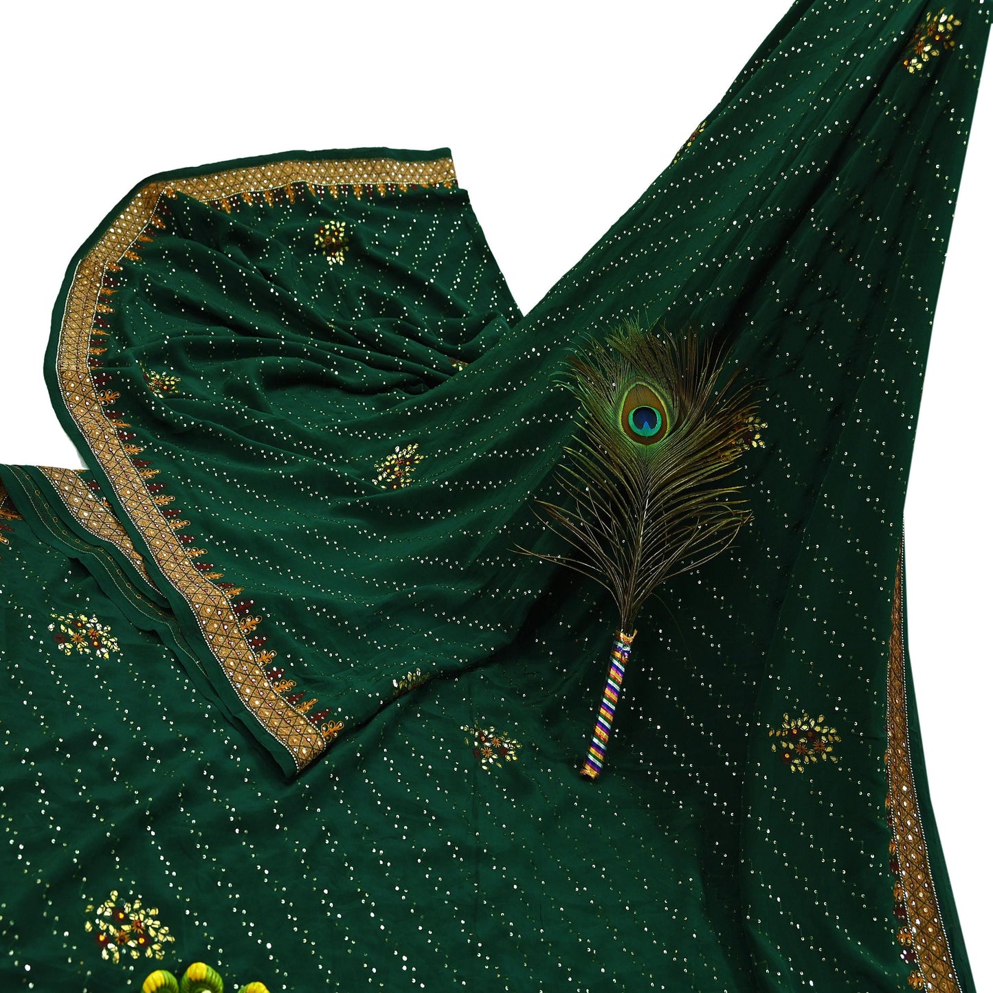 Indian Vintage Heavy Sari Green Pure Crepe Silk Hand Embroidered Sarees Craft Fabric 5Yd Sewing Zardozi Dress making With Blouse Pcs
