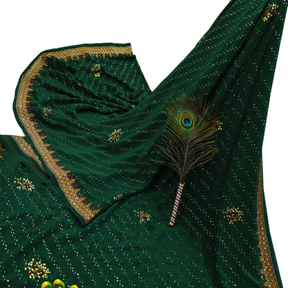 Indian Vintage Heavy Sari Green Pure Crepe Silk Hand Embroidered Sarees Craft Fabric 5Yd Sewing Zardozi Dress making With Blouse Pcs