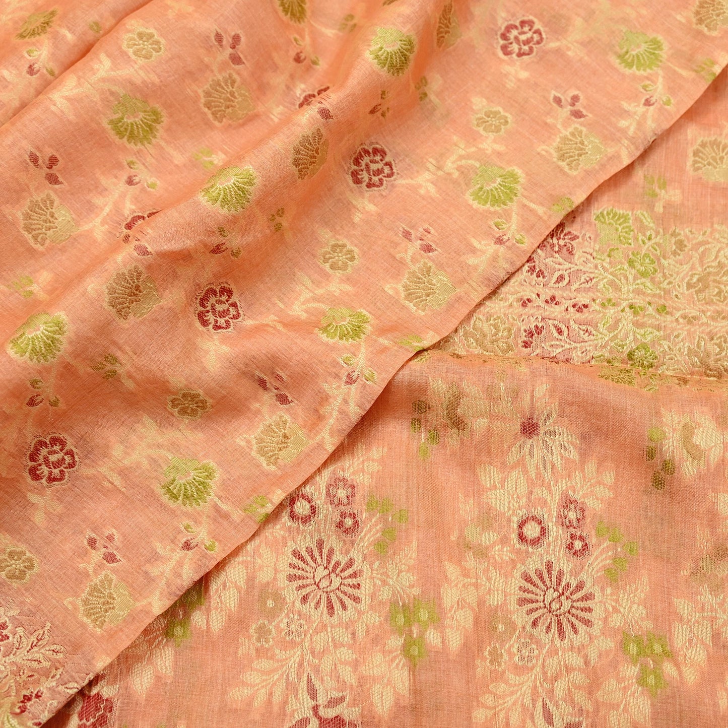 Indian Vintage Dupatta Peach Long Stole Pure Silk Hand Woven Scarves Veil Scarf Wrap Floral