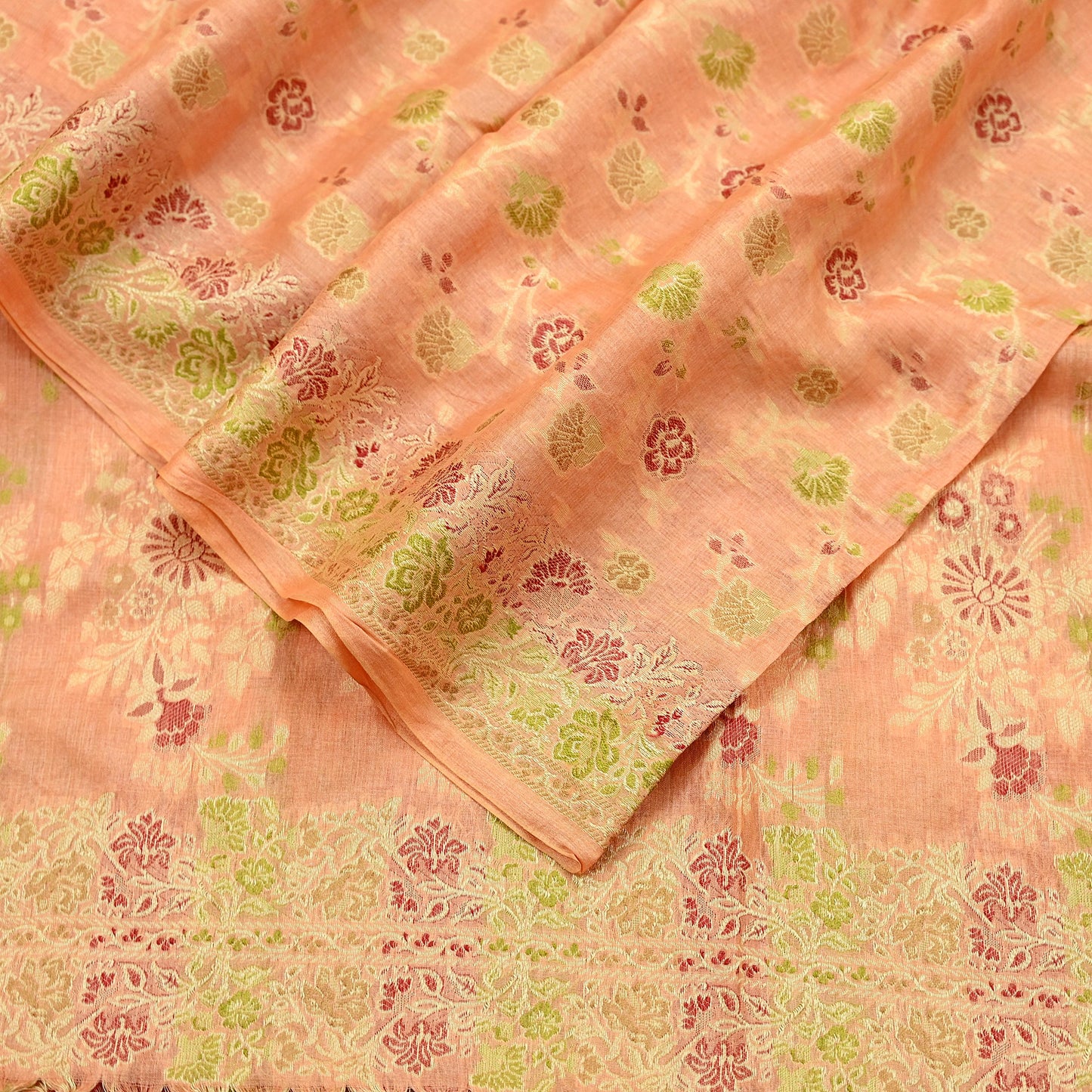 Indian Vintage Dupatta Peach Long Stole Pure Silk Hand Woven Scarves Veil Scarf Wrap Floral