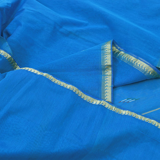 Indian Vintage Sari Blue Pure Cotton Hand Woven Saree Craft Fabric 5yd Sewing Ethnic Soft Dress making Crafting Quilting Dress Designing