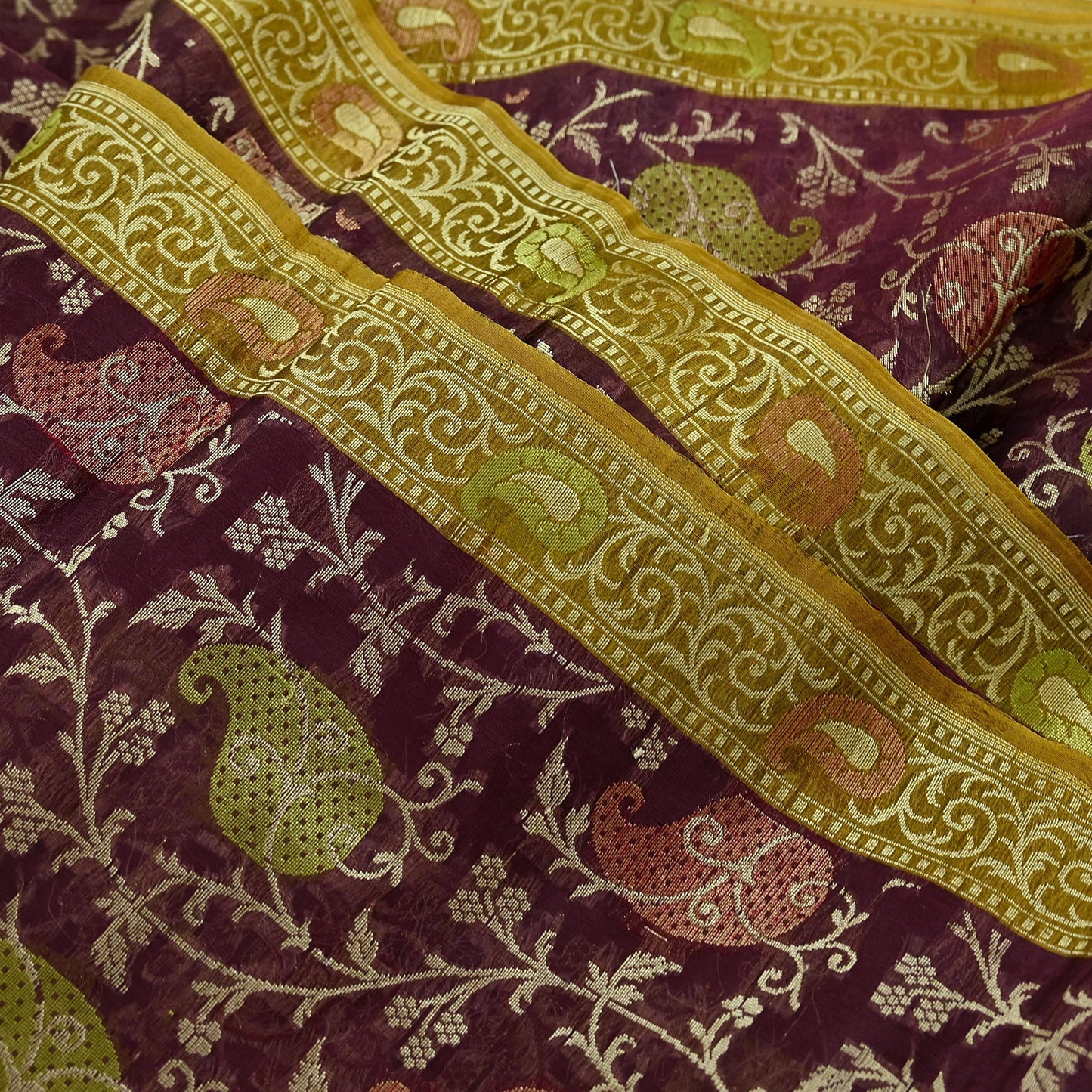 Indian Vintage Sari Green & maroon Hand Woven 100% Pure Organza Silk Saree Craft Fabric 5Yd Dress Making Crafting Quilting Upcycle Fringes