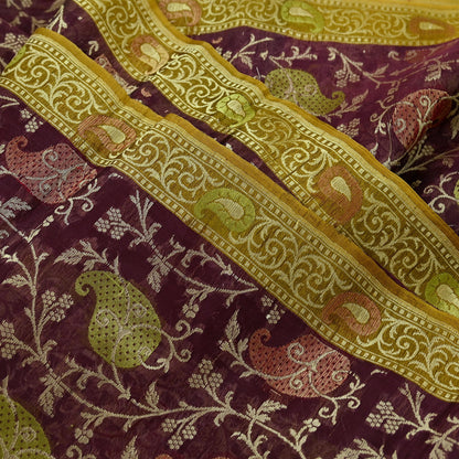 Indian Vintage Sari Green & maroon Hand Woven 100% Pure Organza Silk Saree Craft Fabric 5Yd Dress Making Crafting Quilting Upcycle Fringes