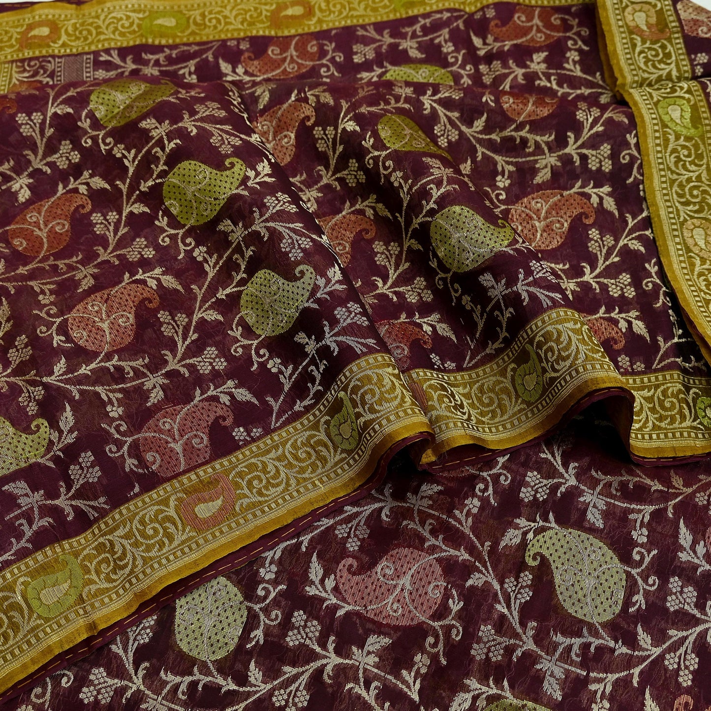 Indian Vintage Sari Green & maroon Hand Woven 100% Pure Organza Silk Saree Craft Fabric 5Yd Dress Making Crafting Quilting Upcycle Fringes