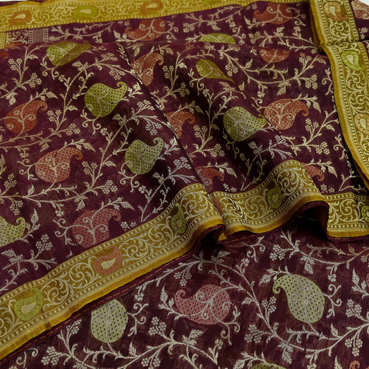 Indian Vintage Sari Green & maroon Hand Woven 100% Pure Organza Silk Saree Craft Fabric 5Yd Dress Making Crafting Quilting Upcycle Fringes