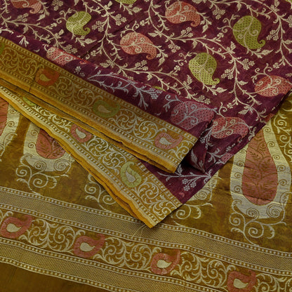 Indian Vintage Sari Green & maroon Hand Woven 100% Pure Organza Silk Saree Craft Fabric 5Yd Dress Making Crafting Quilting Upcycle Fringes
