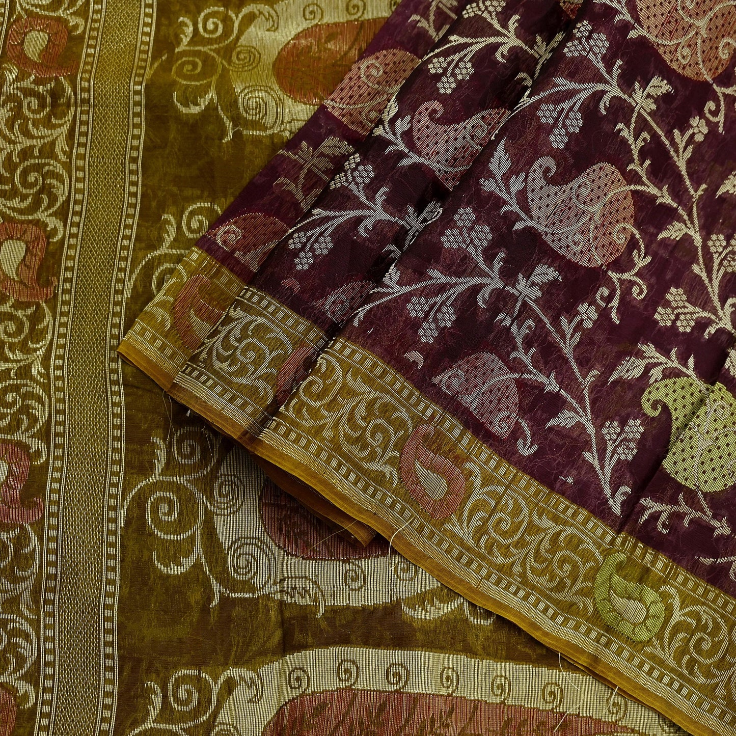 Indian Vintage Sari Green & maroon Hand Woven 100% Pure Organza Silk Saree Craft Fabric 5Yd Dress Making Crafting Quilting Upcycle Fringes