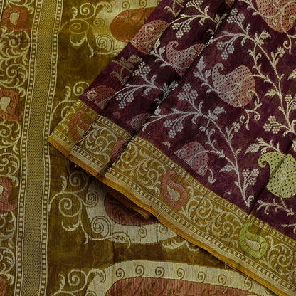 Indian Vintage Sari Green & maroon Hand Woven 100% Pure Organza Silk Saree Craft Fabric 5Yd Dress Making Crafting Quilting Upcycle Fringes