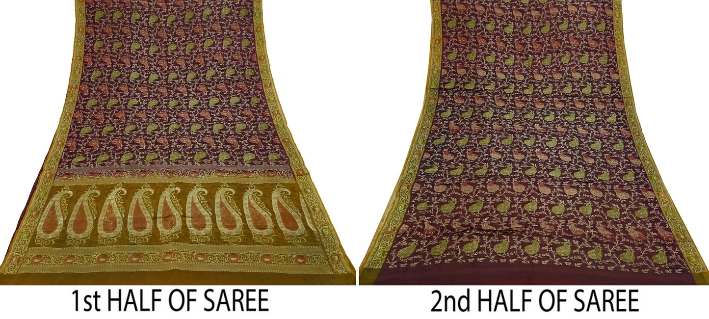 Indian Vintage Sari Green & maroon Hand Woven 100% Pure Organza Silk Saree Craft Fabric 5Yd Dress Making Crafting Quilting Upcycle Fringes