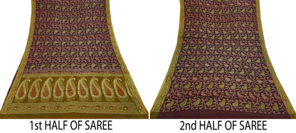 Indian Vintage Sari Green & maroon Hand Woven 100% Pure Organza Silk Saree Craft Fabric 5Yd Dress Making Crafting Quilting Upcycle Fringes