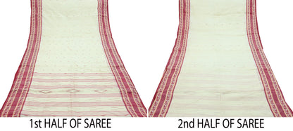 Indian Vintage Sari Ivory Pure Cotton Bengali Handloom Tant Sarees Craft Fabric 5Yd Sewing Soft Crafting Dress making Upcycle Quilting