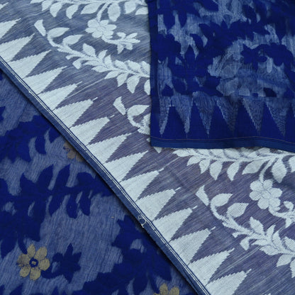 Indian Vintage Sarees White & Blue Cotton Hand Woven Jamdani Sari 5yd Ethnic Floral Craft Fabric Dress making Upcycle Crafting Quilting Zari