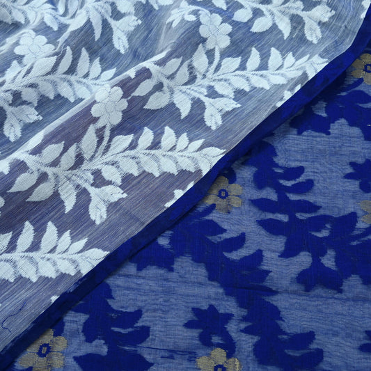Indian Vintage Sarees White & Blue Cotton Hand Woven Jamdani Sari 5yd Ethnic Floral Craft Fabric Dress making Upcycle Crafting Quilting Zari