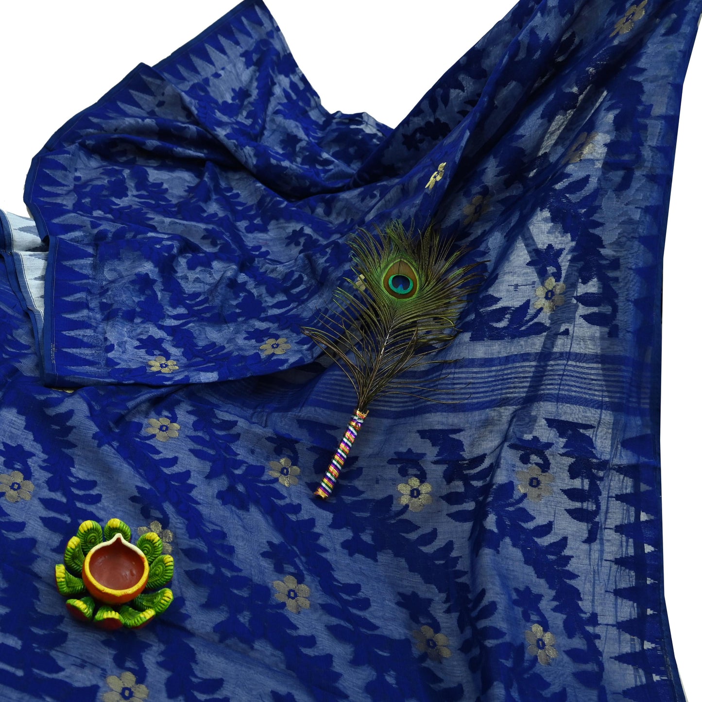 Indian Vintage Sarees White & Blue Cotton Hand Woven Jamdani Sari 5yd Ethnic Floral Craft Fabric Dress making Upcycle Crafting Quilting Zari