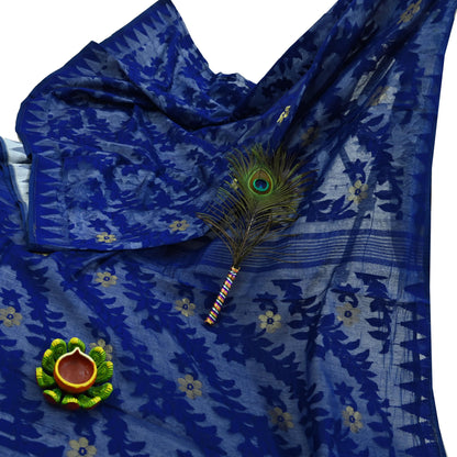 Indian Vintage Sarees White & Blue Cotton Hand Woven Jamdani Sari 5yd Ethnic Floral Craft Fabric Dress making Upcycle Crafting Quilting Zari