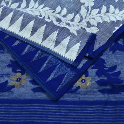 Indian Vintage Sarees White & Blue Cotton Hand Woven Jamdani Sari 5yd Ethnic Floral Craft Fabric Dress making Upcycle Crafting Quilting Zari