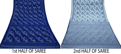 Indian Vintage Sarees White & Blue Cotton Hand Woven Jamdani Sari 5yd Ethnic Floral Craft Fabric Dress making Upcycle Crafting Quilting Zari