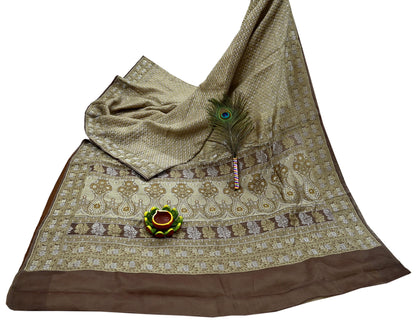 Indian Vintage Sari Brown 100% Pure Silk Hand Woven Sarees Craft Fabric 5Yd Ethnic Sewing Dress making Crafting Quilting Upcycle