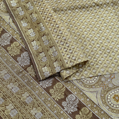 Indian Vintage Sari Brown 100% Pure Silk Hand Woven Sarees Craft Fabric 5Yd Ethnic Sewing Dress making Crafting Quilting Upcycle