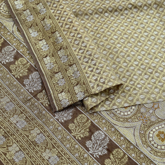 Indian Vintage Sari Brown 100% Pure Silk Hand Woven Sarees Craft Fabric 5Yd Ethnic Sewing Dress making Crafting Quilting Upcycle