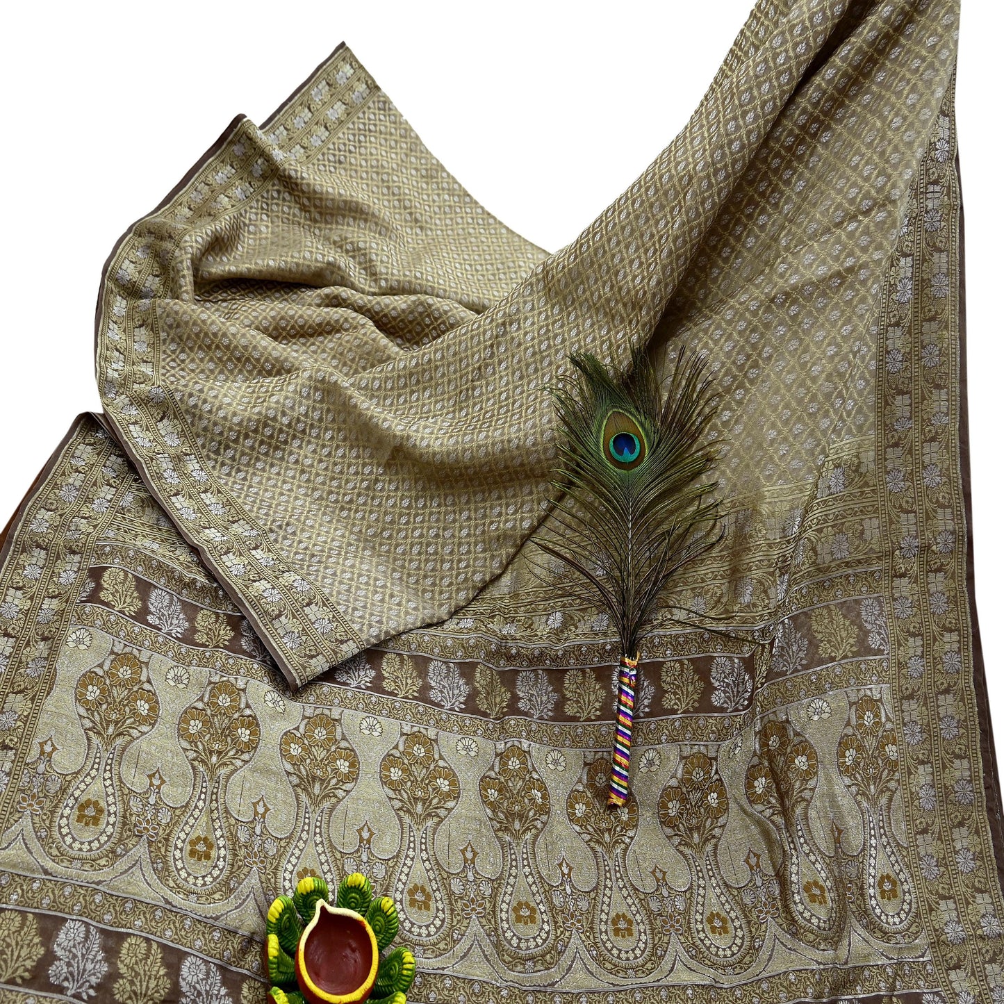 Indian Vintage Sari Brown 100% Pure Silk Hand Woven Sarees Craft Fabric 5Yd Ethnic Sewing Dress making Crafting Quilting Upcycle