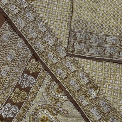 Indian Vintage Sari Brown 100% Pure Silk Hand Woven Sarees Craft Fabric 5Yd Ethnic Sewing Dress making Crafting Quilting Upcycle