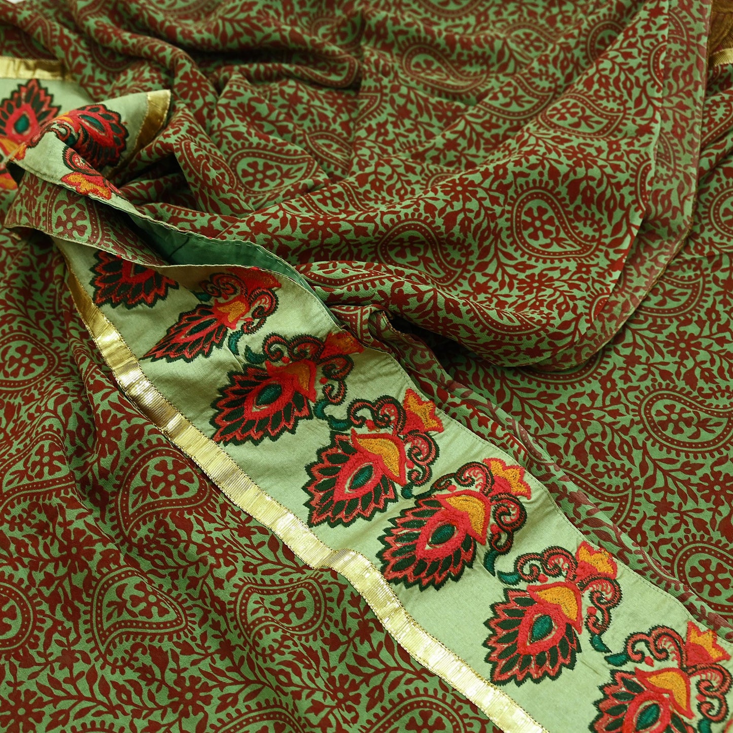Indian Vintage Green Saree Pure Georgette Silk Hand Embroidered Sari Craft Fabric 5Yd Ethnic Soft Dress making Crafting Quilting