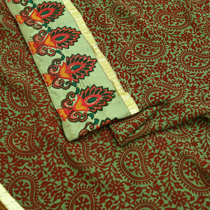 Indian Vintage Green Saree Pure Georgette Silk Hand Embroidered Sari Craft Fabric 5Yd Ethnic Soft Dress making Crafting Quilting