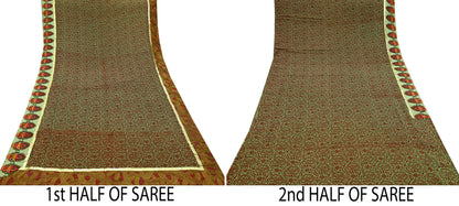 Indian Vintage Green Saree Pure Georgette Silk Hand Embroidered Sari Craft Fabric 5Yd Ethnic Soft Dress making Crafting Quilting