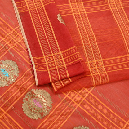 Indian Vintage Sari Orange Pure Cotton Hand Woven Sarees Craft Fabric 5Yd Sewing Soft Crafting Dress making Upcycle Quilting Zari