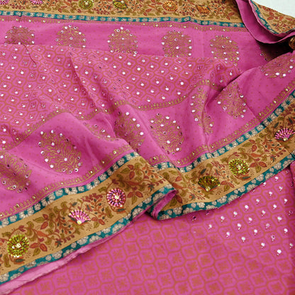 Indian Vintage Sari Pink Pure Crepe Silk Hand Embroidered Painted Saree 5yd Sewing Craft Fabric Dress Making Crafting Quilting Sequins